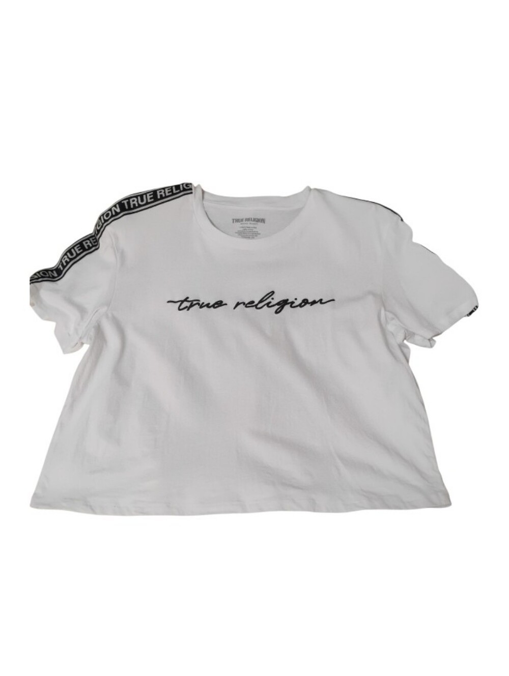True Religion White Tee with Black Script and Shoulder Tape Size Large